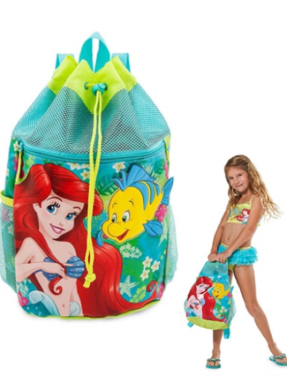 Disney Aqua and Lime Kids Drawstring Backpack with Ariel Design